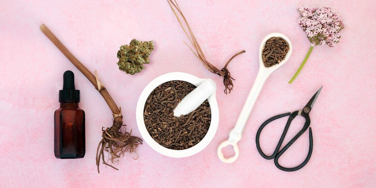 bottle with dropper, valerian root, weed, mortar and pestle with cut roots, ladle with cut roots, valerian flower and scissors